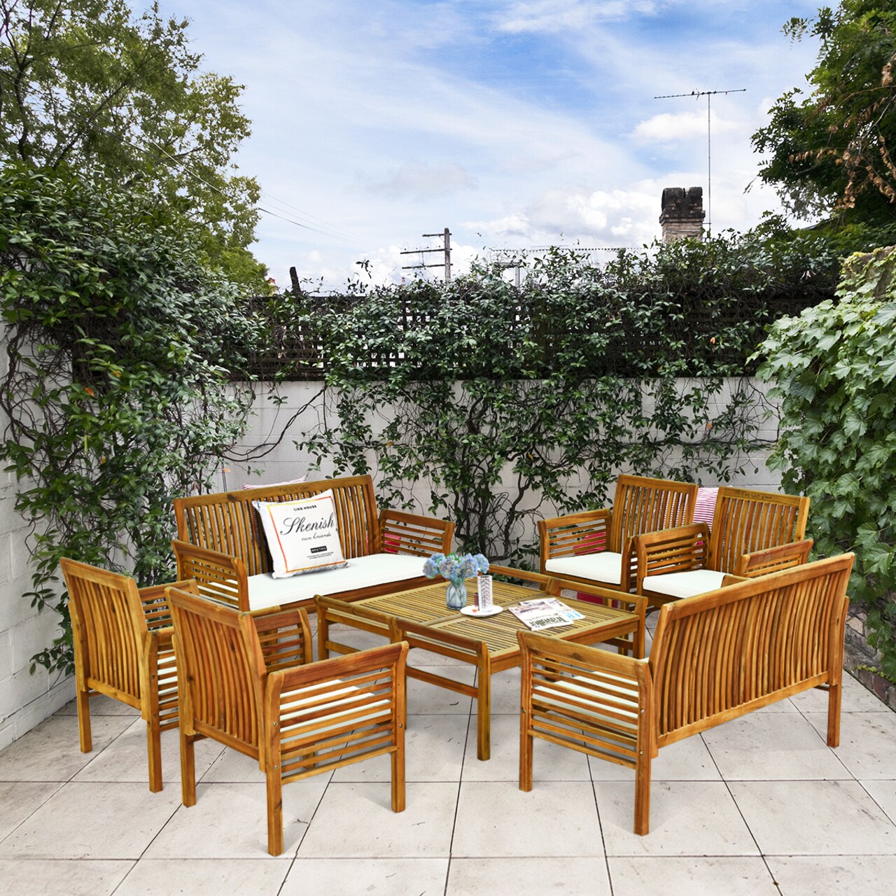 Costway 8 PCS Outdoor Acacia Wood Sofa Furniture Set Cushioned Chair Coffee Table Garden